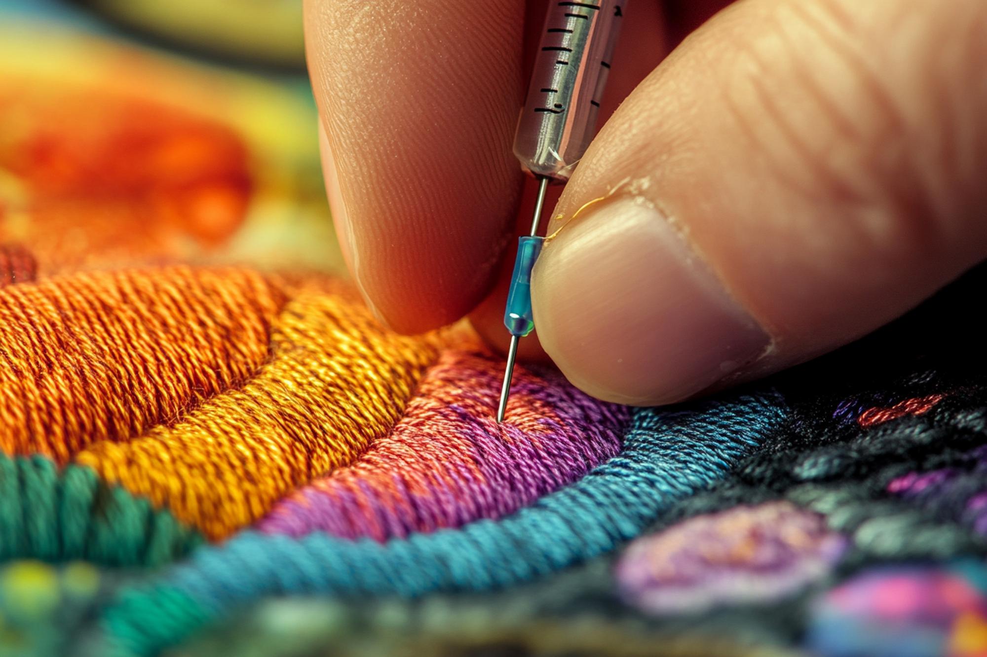 Artist's hands embroidering a patch